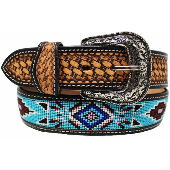 40 Unisex 1.5" Western Beaded Tooled Full-Grain Leather Belt 26RTW24