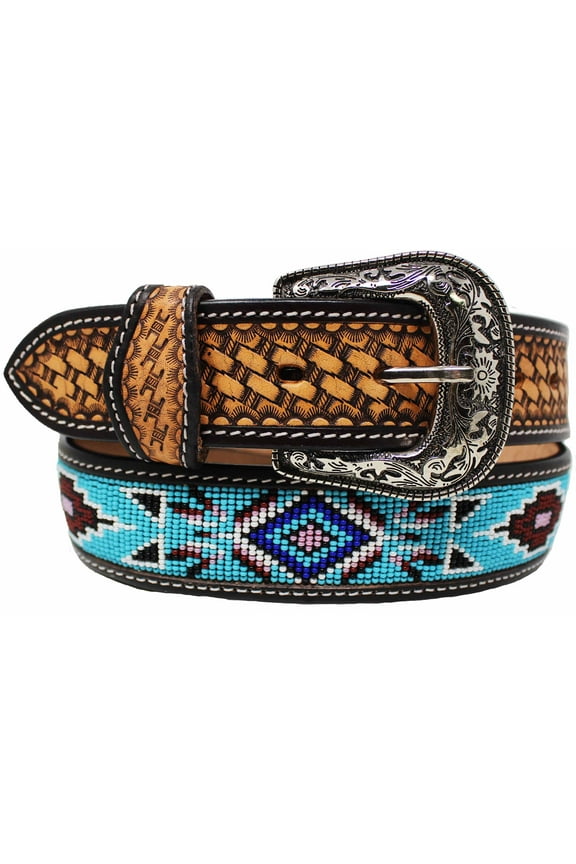 40 Unisex 1.5" Western Beaded Tooled Full-Grain Leather Belt 26RTW24