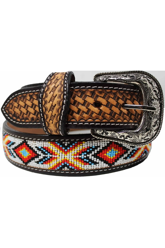 40  Unisex 1.5" Western Beaded Tooled Full-Grain Leather Belt 26RTW25