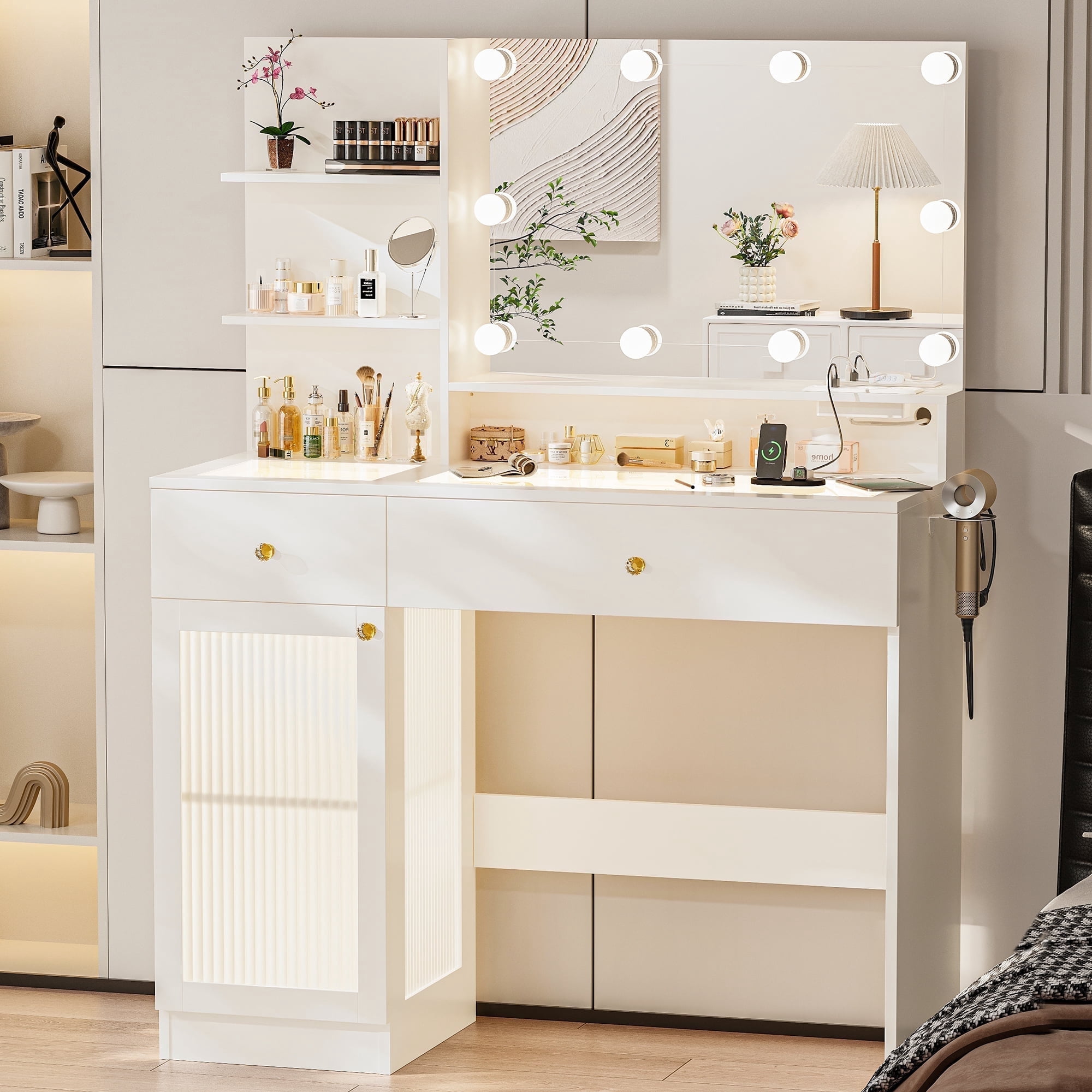 Small Makeup Vanity Desk With LED Mirror & Stool - 3 Light Modes, Power Outlet, Drawer & Shelves For Bedroom