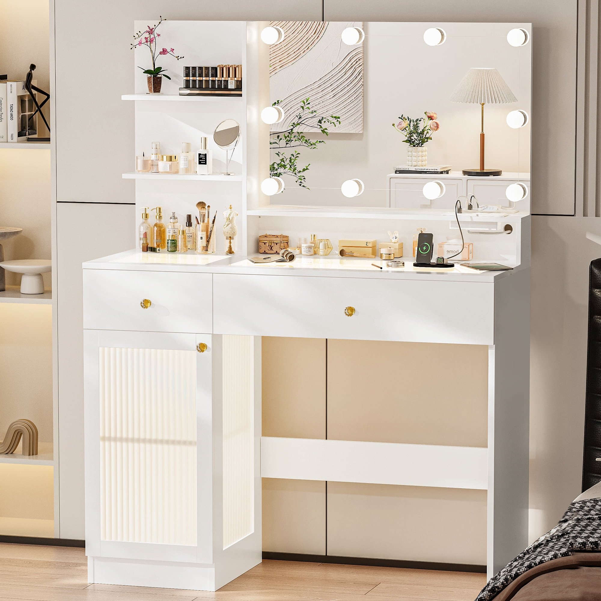 Vanity Desk With Lights And Stool - White Makeup Table With Mirror, 3 Lighting Modes, Drawers