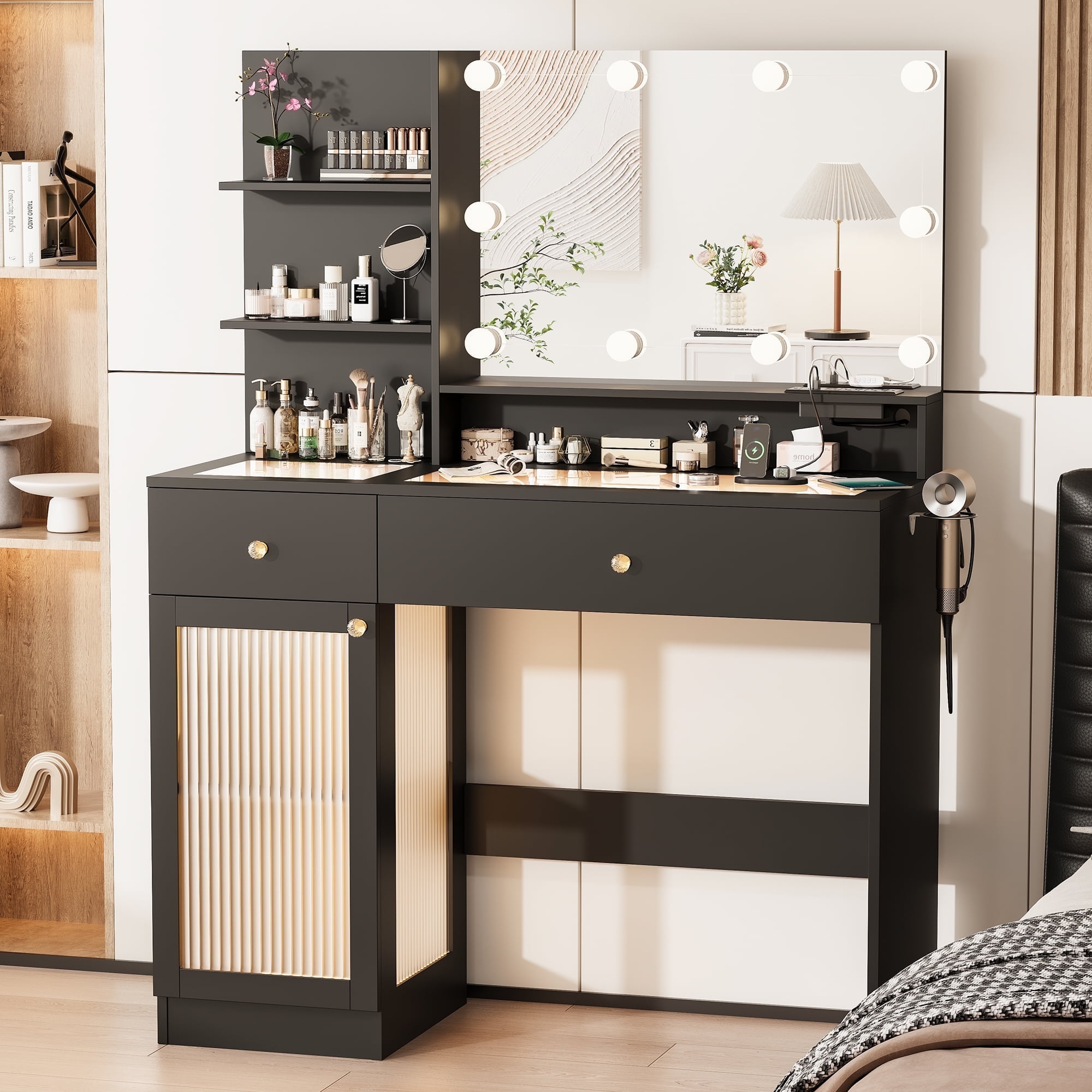 Small Makeup Vanity Desk With LED Mirror & Stool - 3 Light Modes, Power Outlet, Drawer & Shelves For Bedroom