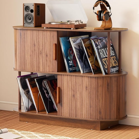 40" Vinyl Record Player Storage Cabinet, Mid Century Modern Turntable Record Player Stand Table wiht Sliding Door, Vinyl Wood Record shelf Turntable Cabinet for Living Room (Walnut, No-Socket)