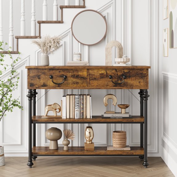 40"W Long Console Table with Drawers, Narrow Sofa Table Entryway Table with Ample Storage, Industrial Behind Couch Table Hallway Table Home Furniture for Living Room, Foyer, Bedroom