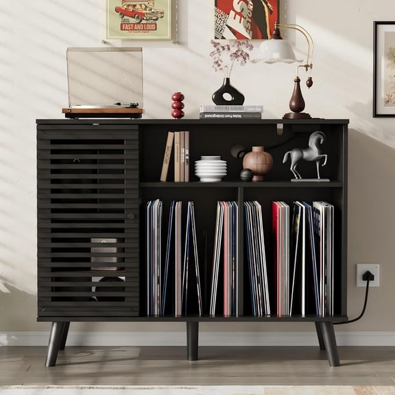 40"W Record Player Stand with Charging Station and USB Ports, Black | Record Player Table Holds Up to 350 Albums, Mid-Century Turntable Stand with Doors, Vinyl Display Shelf for Living Room