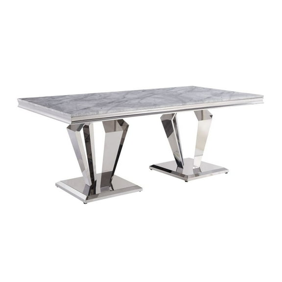 40"W X 79"L Dining Table, Light Gray Printed Faux Marble & Mirrored Silver Finish