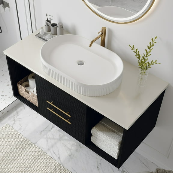 40" Wall-Mounted Bathroom Vanity with Ceramic Sink, Floating Multi-Layer Solid Wood Cabinet with 2 Soft-Close Drawers & Open Shelves, Black