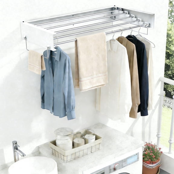 Wall Mounted Clothes Drying Rack 40 inches with 2 Side Rails, 5 Rods Foldable Wall Mount Laundry Rack Folding Indoor