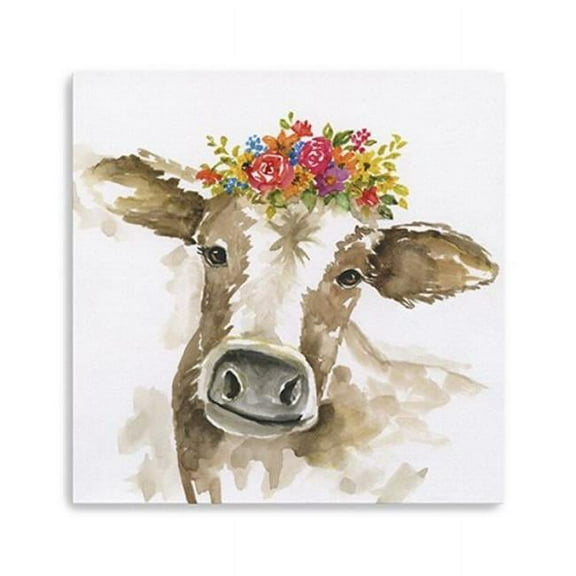 40" Watercolor Floral Cow Canvas Wall Art
