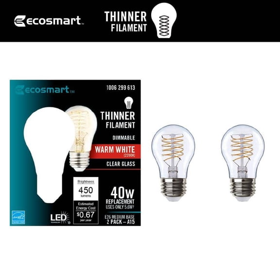 40-Watt Equivalent A15 Dimmable Fine Bendy Filament LED Vintage Edison Light Bulb Warm White (2-Pack)