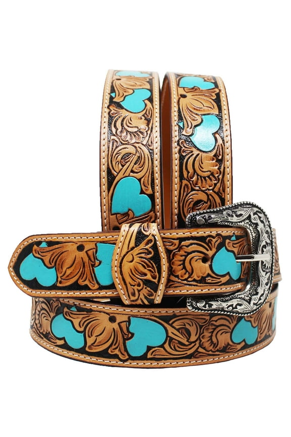 Challenger Western 1-1/2" Floral Tooled Pink Heart Full-Grain Leather Belt 26FK37TR