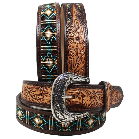 40 Western 1-1/2" Wide Floral Tooled Beaded Full-Grain Leather Belt 26RS39 26RS39
