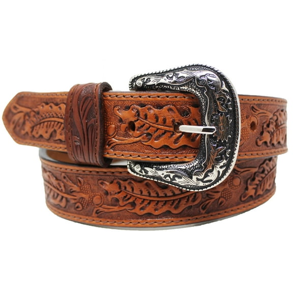 40  Western 1-1/2" Wide Oak Leaf Tooled Full-Grain Brown Leather Belt 26RS58