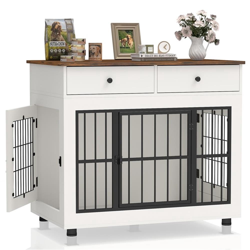 40" White Dog Crate Furniture in Engineered Wood with 3 Doors and Drawers