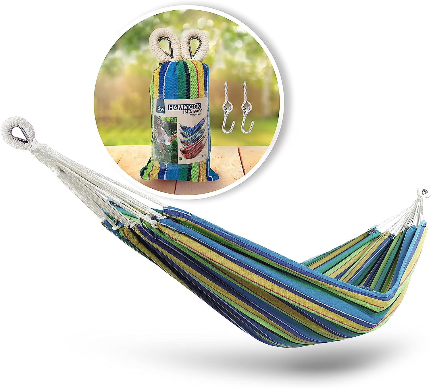 40" Wide Hammock w/H-Woven Rope Loops  Hanging Hardware, Outdoor, Patio, Backyard Durable, Cotton  Polyester Blend, 220 Lbs Capacity, Rain Forest