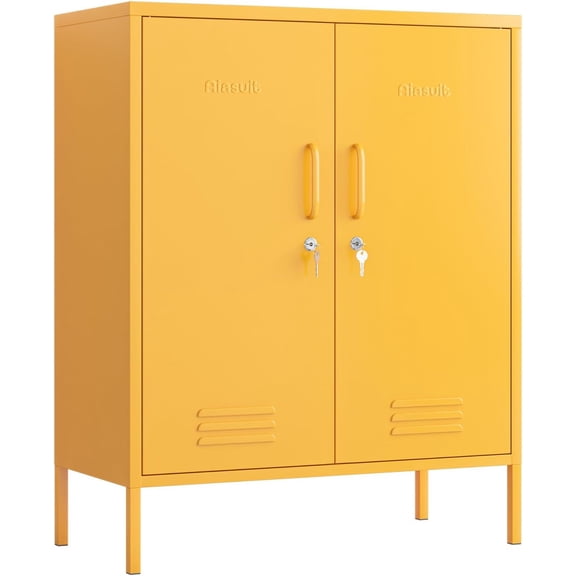 40" Wide Storage Cabinet 2 Door Multi-Function Locker Metal Heavy Duty School lockers 3 Tiers Lockable Storage Cabinet Removable Shelves Easy to Assemble Yellow Size: 40”H x 31.5”W x 15”D