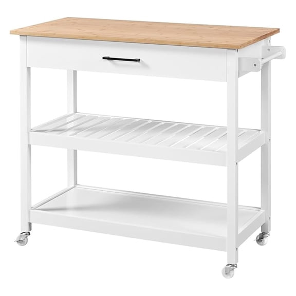 40" Width Kitchen Island Cart on Wheels, 3 Tiers Rolling Utility Cart with Solid Wood Top and Drawer & 2 Spacious Storage Shelf, Serving Trolley for Dining Room, White