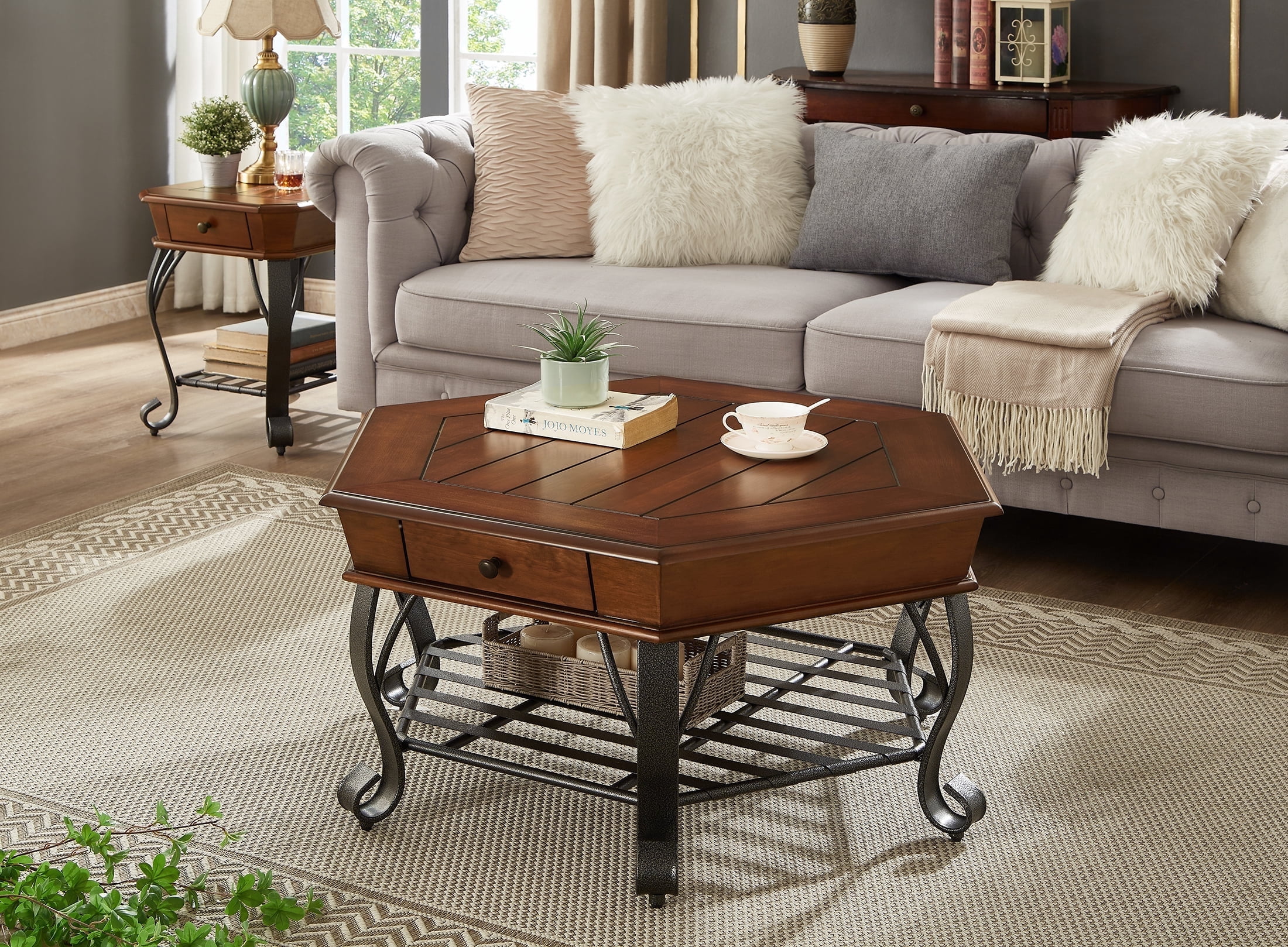 40" Wood Coffee Table, Vintage, Hexagonal, Solid Wood Top, with Drawer Storage, Walnut