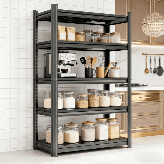 40"Wx63"H 5 Tier Utility Kitchen Shelves,Shelving Unit,3000LBS Metal Shelf Organizere,Adjustable Storage Shelves for Pantry,Industrial,Basement,Bathroom, Warehouse,Closet,Black,16"D