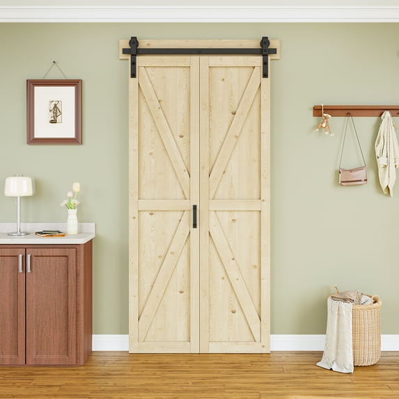 40" X 84" Pine Solid Core Wood Unfinished K Bi-Fold Barn Door With Installation Hardware Kit
