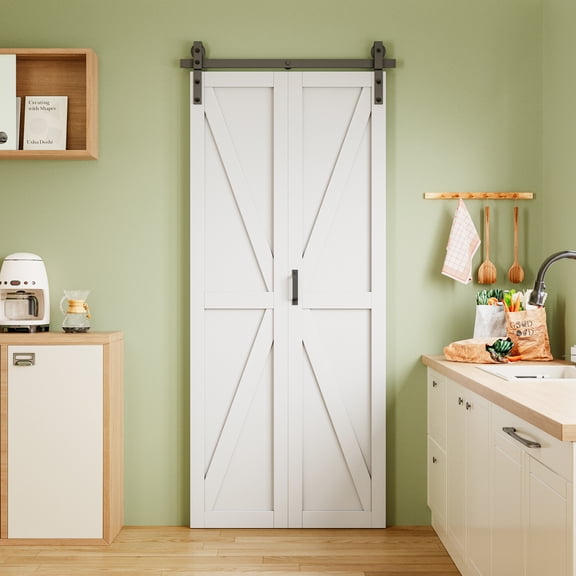 40" X 84" Pre-Assembled Solid Core Panels Bifold Barn Door, White Primed Finish Folding Barn Door With Hardware Kit Included For Closet Pantry Laundry, Effective Sound Reduction, K Shape