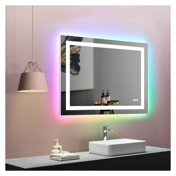 40"X32" LED Bathroom Mirror with Lights, Anti-Fog, Dimmable, RGB Backlit + Front Lighted, Memory Function, Colorful Multiple Light Modes for Modern Wall Setup