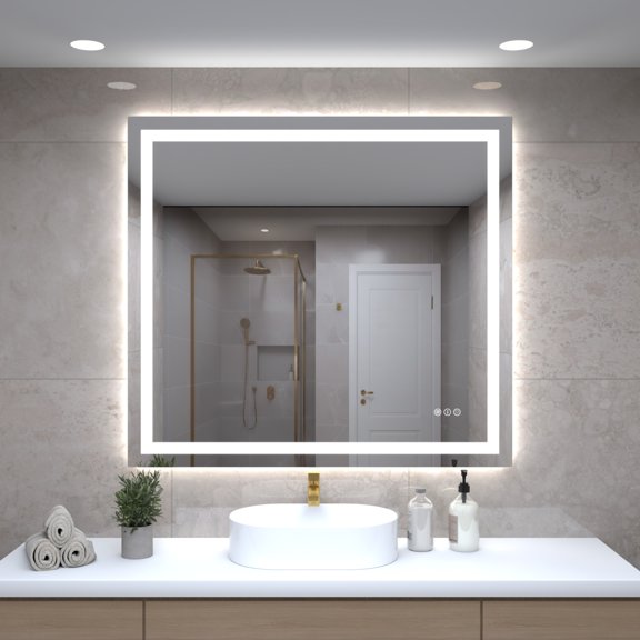 40"X36" LED Bathroom Mirror with Lights, Front Lit and Backlight, Stepless Dimmable, Anti-Fog, Shatter-Proof Tempered Glass, Memory, 3 Colors Lighting Bathroom Mirrors for Vanity