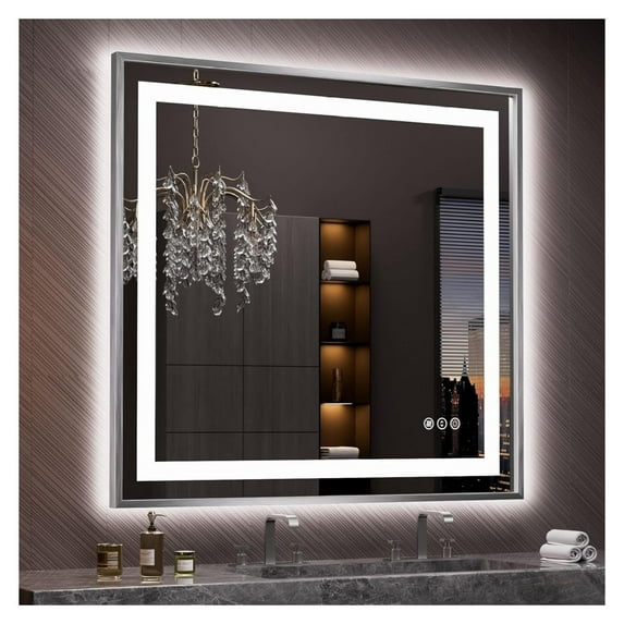 40"X38" LED Bathroom Mirror Silver Brushed Framed with Front Light and Backlit, Stepless Dimmable, Anti-Fog, Shatter-Proof, Memory Function, 3 Color Modes