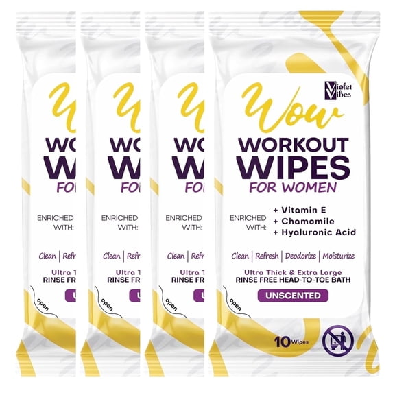 Violet Vibes Rinse Free Body Wipes, Women XL Workout Wipes with Aloe, Unscented, 40 Count, 4 Pack