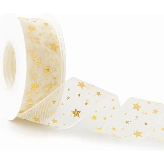 40 Yards 1 Inch Gold Star Sheer Ribbon Trim Gift Wrap Stars Ribbon Snow Yarn Pentagram Transparent Chiffon Ribbon with Spool for Sewing Making Craft Gift Wrapping DIY Christmas Decor Supply