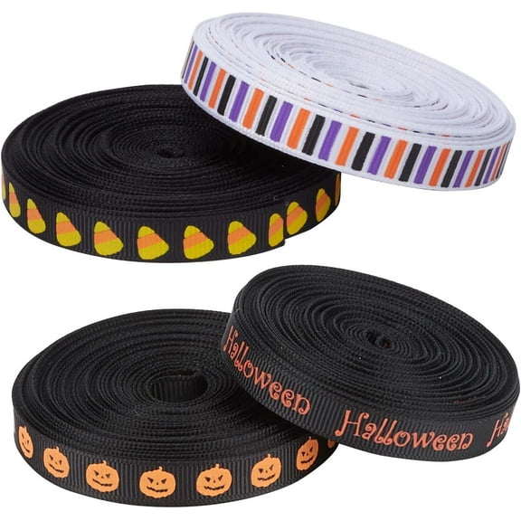 40 Yards 4 Styles Polyester Ribbon Grosgrain Edge Flat Pumpkin Stripe Candy Corn Wrapping Craft Wired Ribbons Clothing Accessories for Crafts Sewing Art 0.4 Inch Width diy