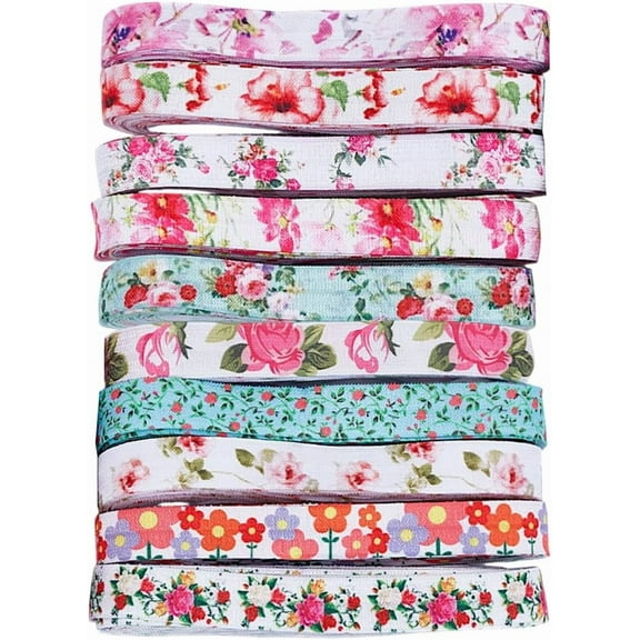 40 Yards 5/8 Inch Floral Fold Over Elastic Ribbon 10 Styles Floral Polyester Stretch Elastic Trim for Hairband Hair Ties Colorful Floral Printed Ribbon Elastic Band for Embellishment Decor