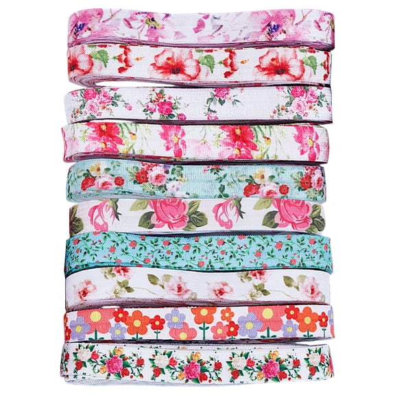 40 Yards 5/8 Inch Floral Fold Over Elastic Ribbon 10 Styles Floral Polyester Stretch Elastic Trim for Hairband Hair Ties Colorful Floral