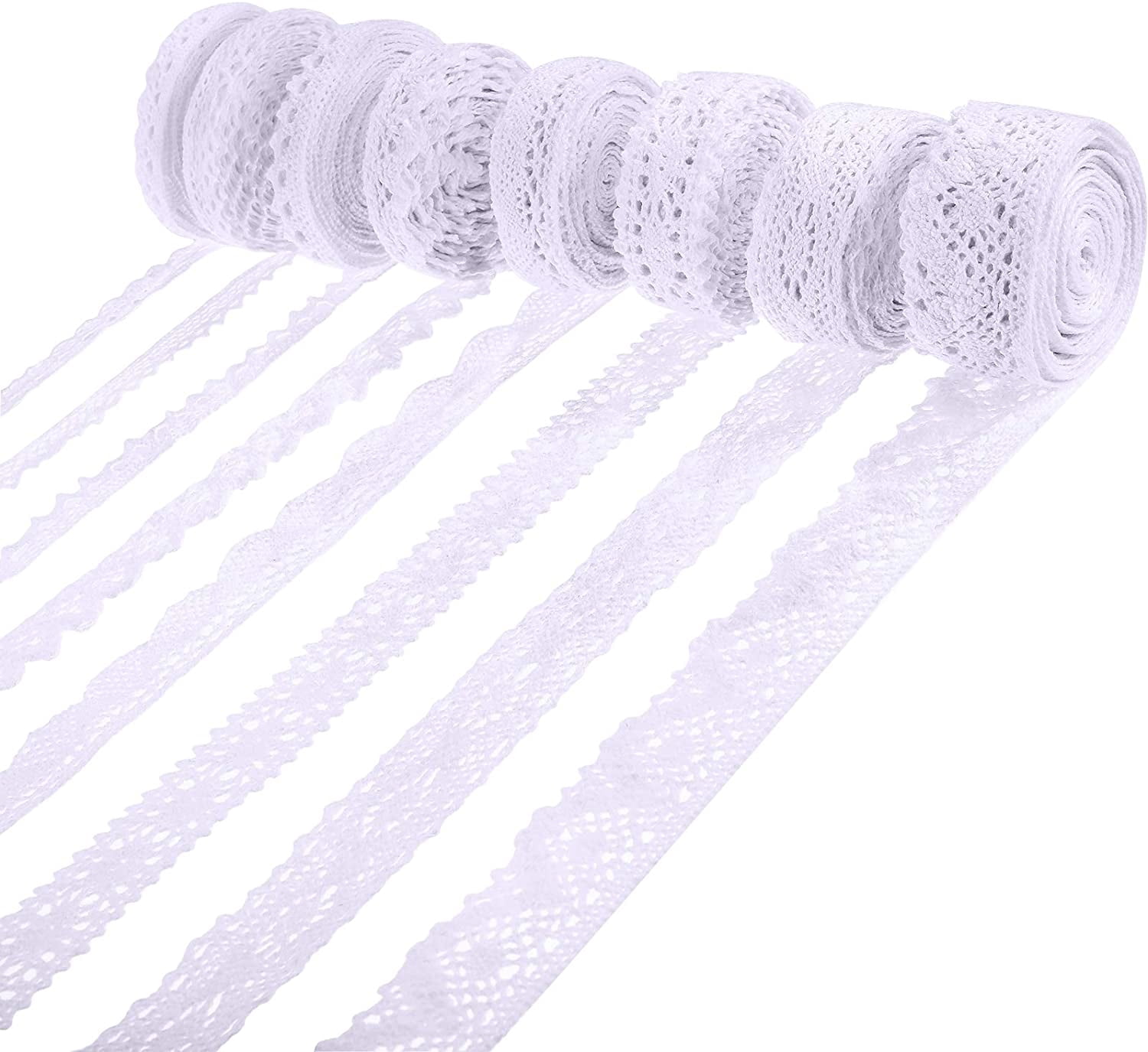 40 Yards Cotton Lace Trim Vintage Ribbon Crochet Cotton Lace Scalloped Edge for Bridal Wedding Decoration Christmas Package DIY Sewing Craft Supply, 5 Yards Each, 8 Styles(White)