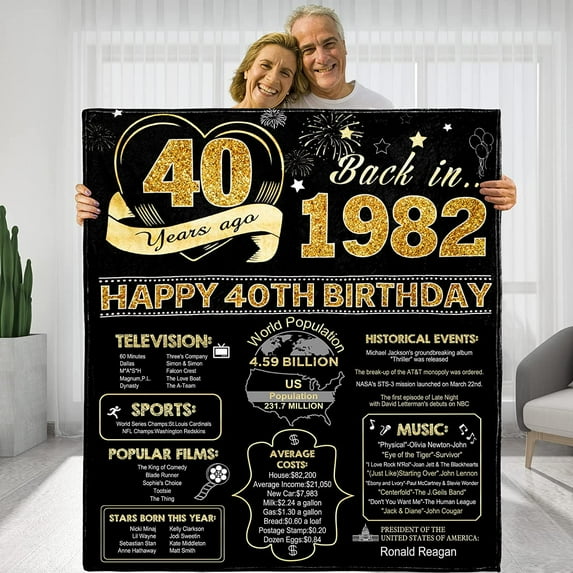 40 Years Ago 40th Birthday Gifts for Men Throw Blanket, Perfect 1982 Anniversary Birthday Gifts Ideas for Husband Dad Grandpa Friends,Gold Blanket Back in 1982 40th Birthday Gifts
