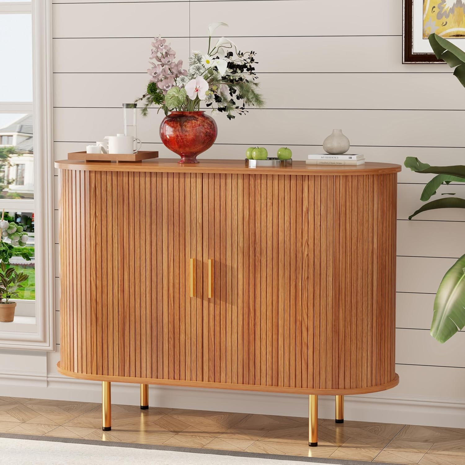 40" Yellow walnut Sideboard Buffet Cabinet, Mid-Century Modern, Fluted Accent, Tambour Sliding Doors, Adjustable Shelf, Coffee Bar Console Table for Living Room, Kitchen, Entryway