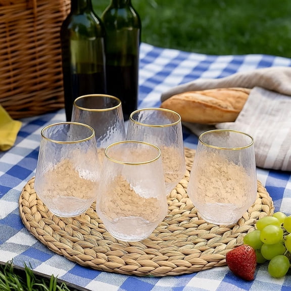 40 count Diamond Unbreakable Stemless Plastic Wine Champagne Whiskey Glasses Elegant Durable Disposable Indoor Outdoor Ideal for Home, Office, Bars, Wedding, 12 Ounce Cups (Hammered Gold Rim)