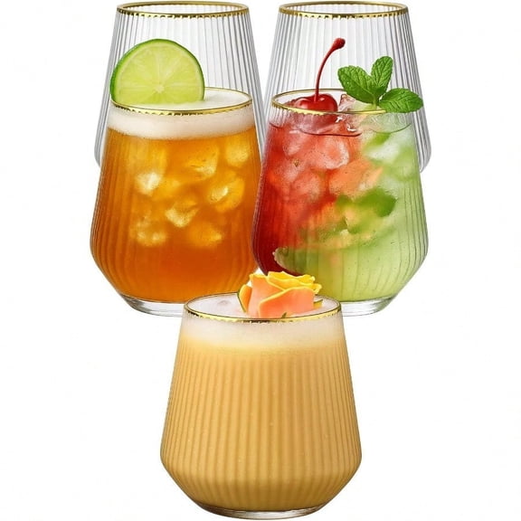 40 count Origami Ripple Unbreakable Stemless Plastic Wine Champagne Whiskey Glasses Elegant Durable Disposable Indoor Outdoor Ideal for Home, Office, Bars, Wedding, Ribbed 12 Ounce Cups (Gold Rim)