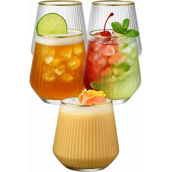 40 count  Ripple Unbreakable Stemless Plastic Wine Champagne Whiskey Glasses Durable Disposable Indoor Outdoor Ideal for Home, Office, Bars, Wedding, Ribbed 12 Ounce Cups (Gold Rim)