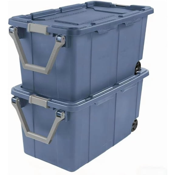 40 gallons sturdy plastic storage box, with snap-lock lid and handle, blue, 2-PACK