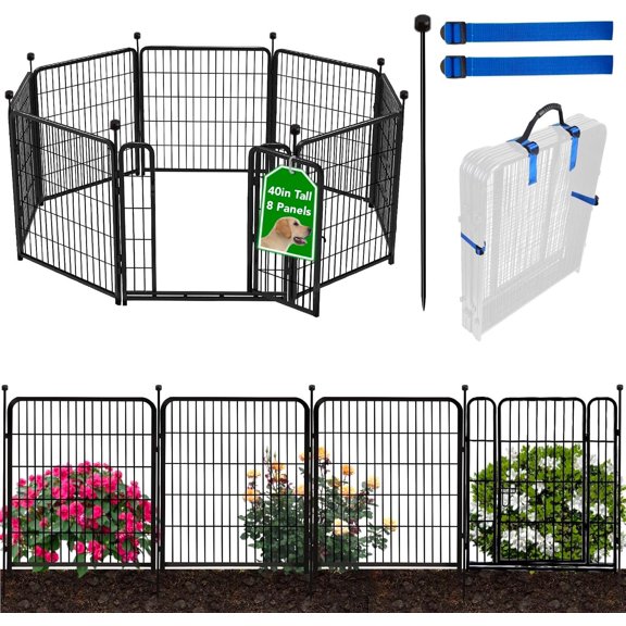 40 in(H) Garden Fence with Low Threshold Door, Dog Fence Outdoor for Yard, 8 Panels Total 17.7 Ft(L) Dog Playpen,Black Metal Dog Play Pen Indoors, Pet Puppy Playpen for Camping, Dog Fencing