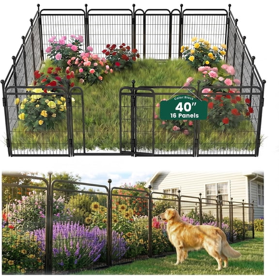 40 in(H) Garden Fence Outdoor for Yard with 2 Gravity Automatic Lock Gates,Heavy Duty Iron 16 Panels Total 34.7ft(L) Outdoor Dog Metal Animal Barrier Fence for Patio & Flower Bed,Black