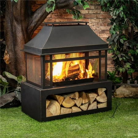 40 in. Rectangular Outdoor Metal Woodburning Fireplace with Log Storage