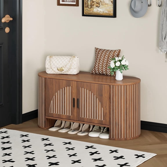 40 in Shoe Storage Bench, 2-Tier Entryway Bench with Doors and Adjustable Shelf, Wooden Shoe Cabinet Organizer