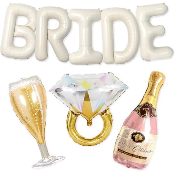 40 inch Bride Balloons Cream Letters Banner - Bachelorette Party Decorations Kit - Bach Party Supplies and Favors with Gold Ring, Bottle and Glass Balloon