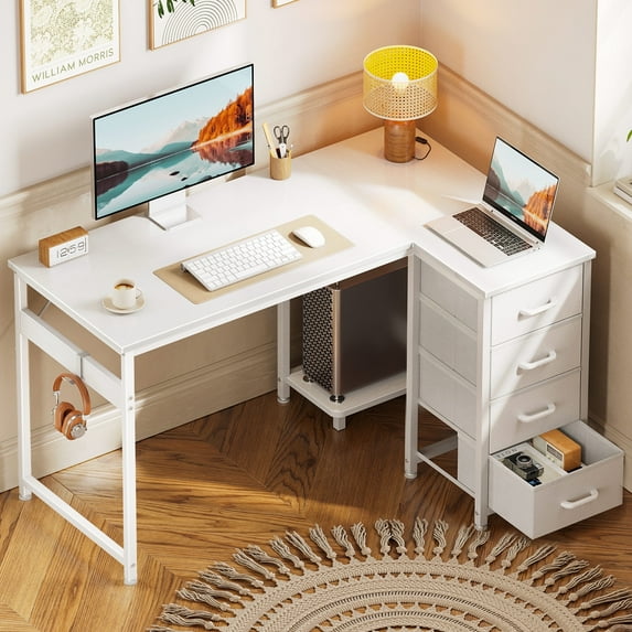 40 inch Computer Desk with 4 Fabric Drawers — Home Office Desks with Storage, Writing Desk with Side Hook, Desk Study/Work Table for Bedroom and Small Space, White