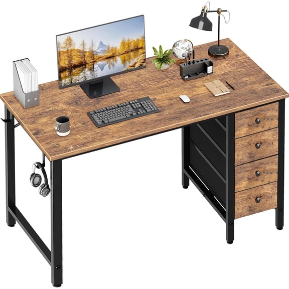 40 inch Computer Desk with 4 Fabric Drawers, Kids Student Reversible Small Desks for Home Office Small Space, Work PC Desk Table for Bedroom, Rustic Brown
