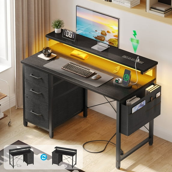 40 inch Computer Desk with Power Outlets & LED Lights, Home Office Desk with 3 Drawers & Adjustable Monitor Shelf, Writing Desk with Storage Bag, Black