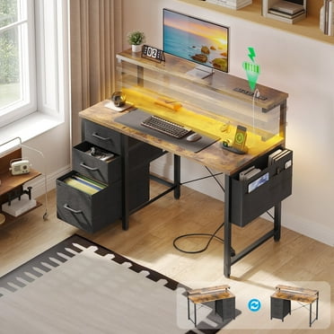 40 inch Computer Desk with Power Outlets & LED Lights, Home Office Desk with 3 Drawers & Adjustable Monitor Shelf,, Writing Desk with Storage Bag,  Vintage