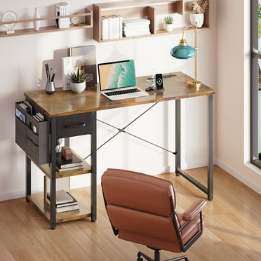 40 inch Computer Desk with Storage Drawer & Power Outlets, Study Writing Desk with Storage Shelves for Small Space, Modern Simple Style Laptop Desk for Bedroom, Gaming, Home Office, Vintage
